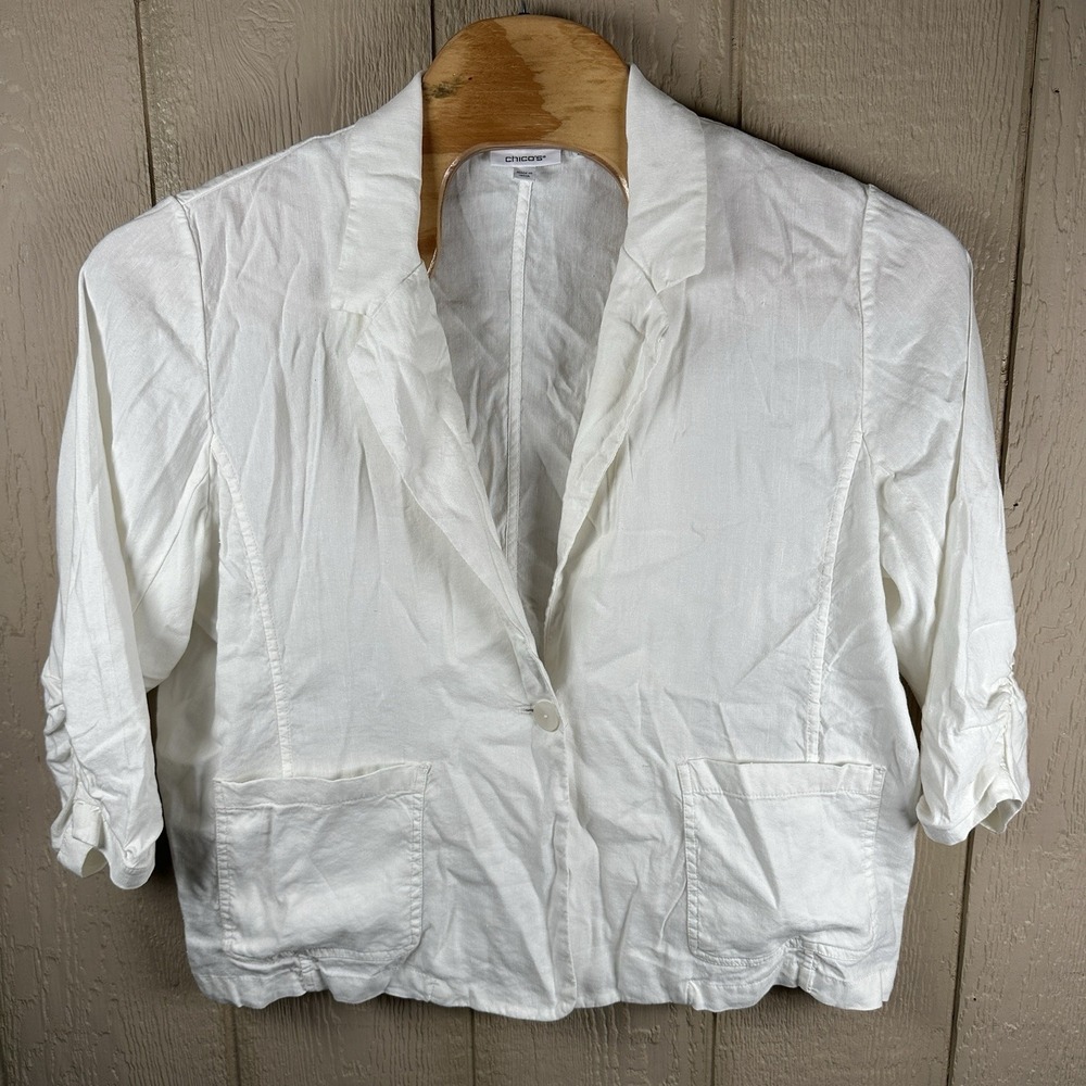 Chico's Linen Blend Blazer Womens 3 XL Ivory 3/4 Ruched Sleeve Coastal Grandma